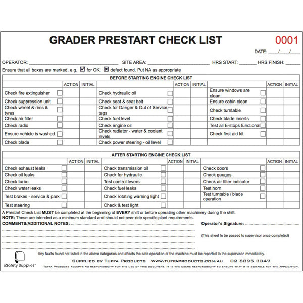 Grader Prestart Checklist Books