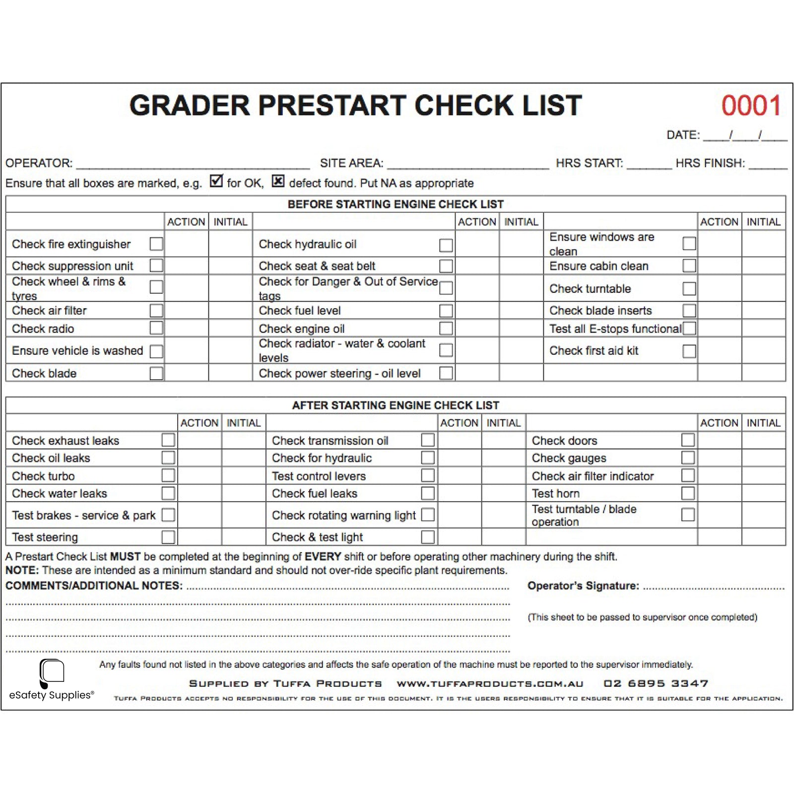 Grader Prestart Checklist Books