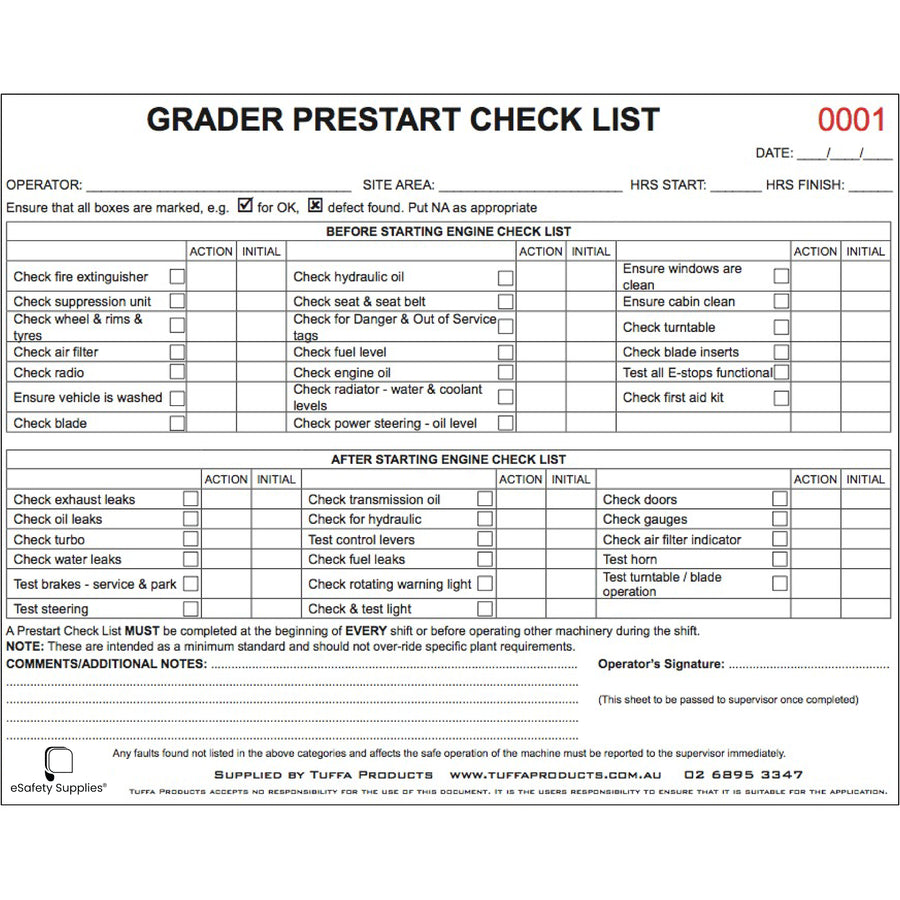 Grader Prestart Checklist Books
