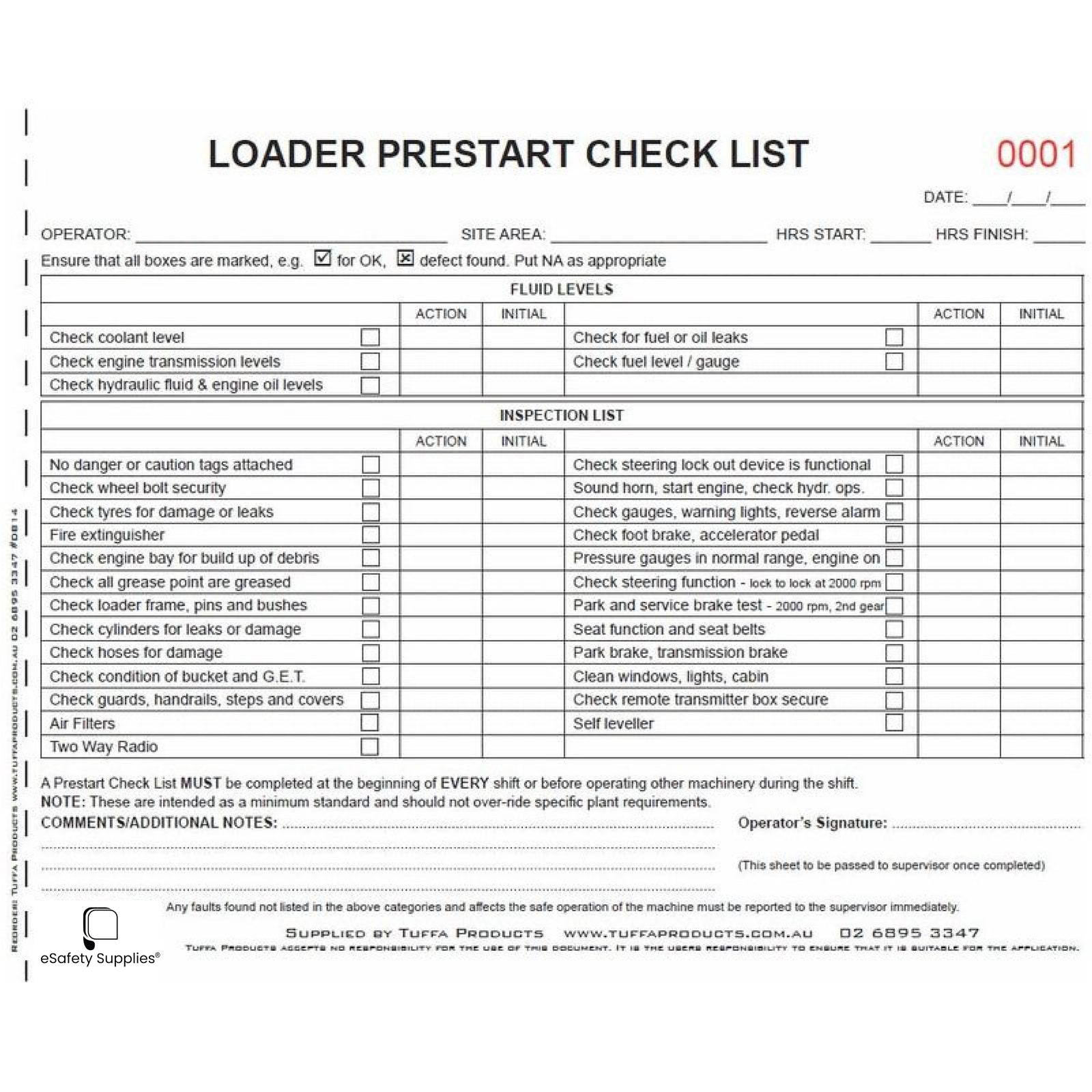 Loader Prestart Checklist Books