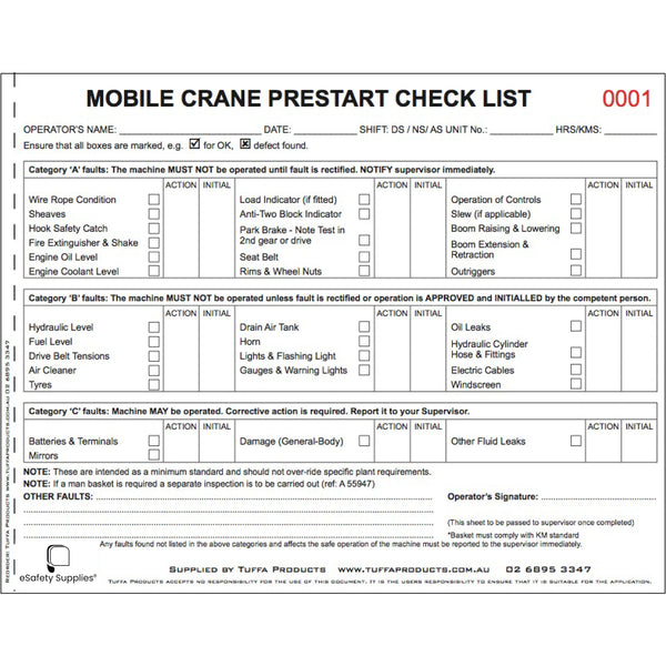 Mobile Crane Prestart Checklist Books