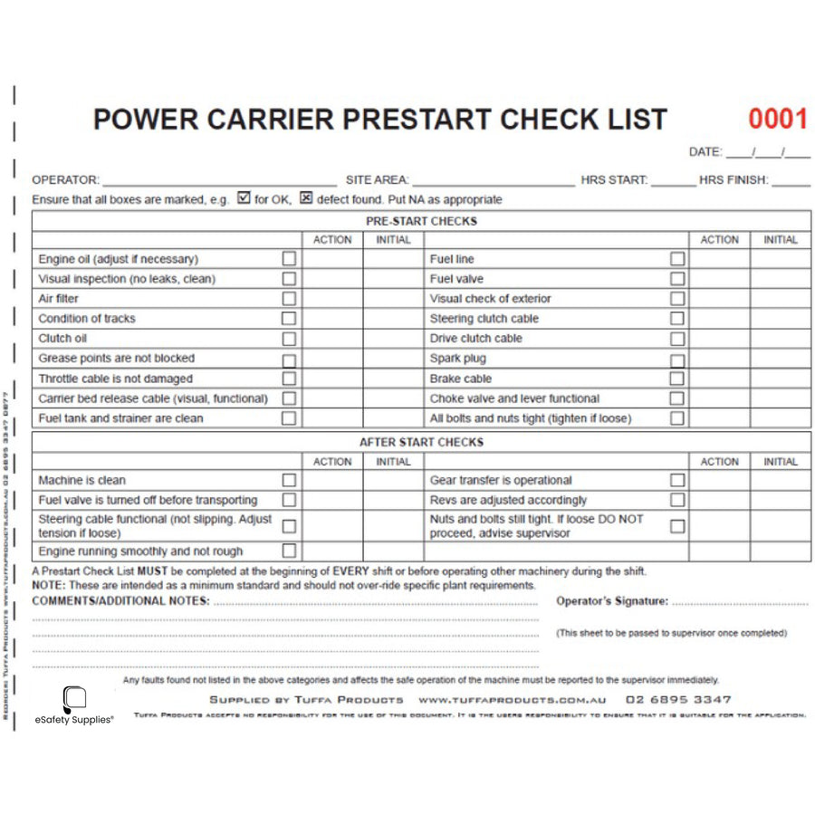 Power Carrier Prestart Books
