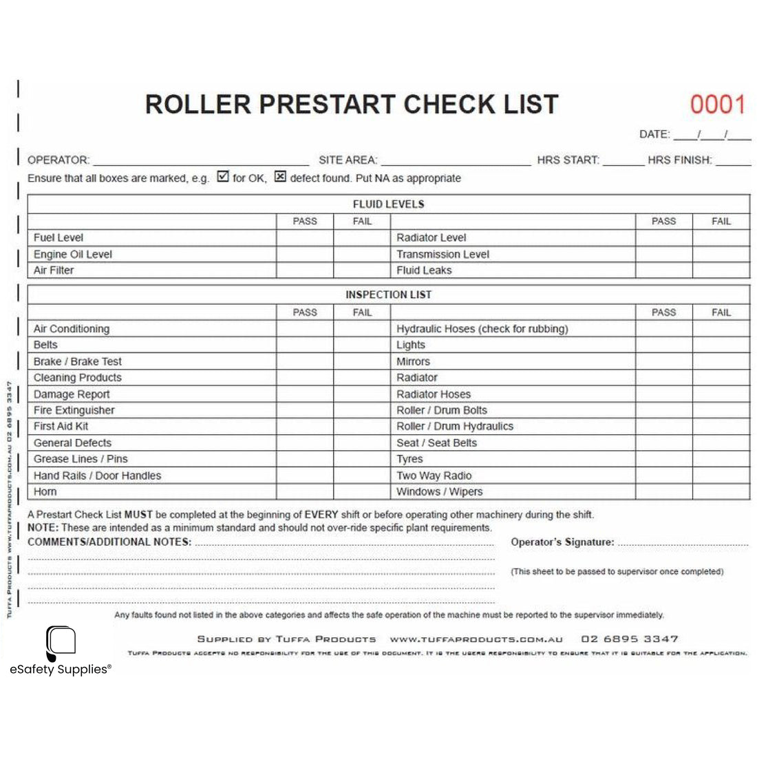 Roller Prestart Checklist Books