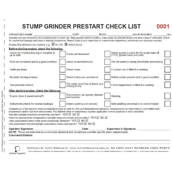 Stump Grinder Prestart Books