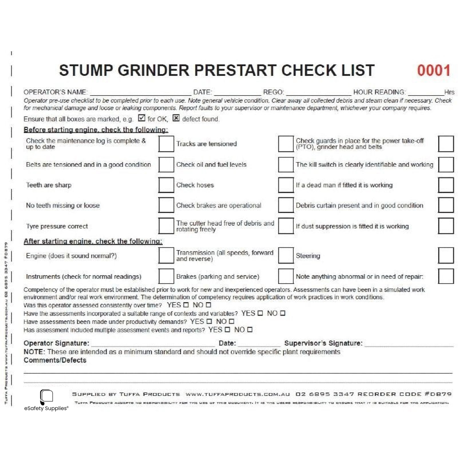 Stump Grinder Prestart Books