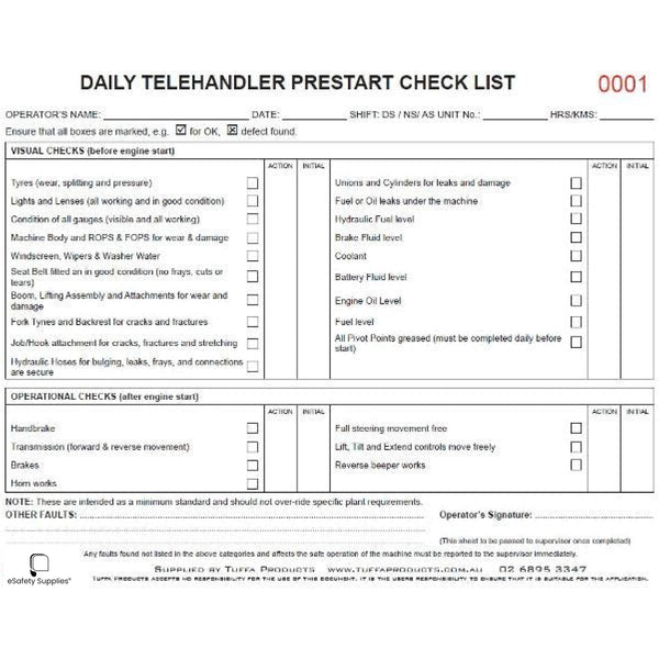 Telehandler Prestart Checklist Books