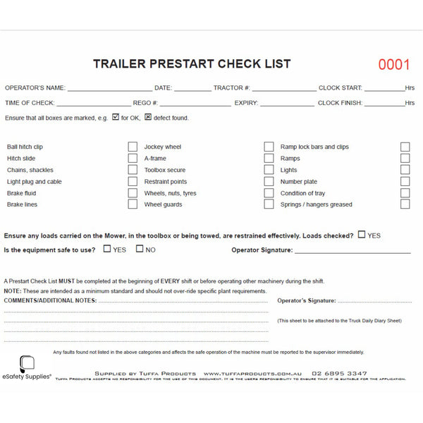 Trailer Prestart Checklist Books