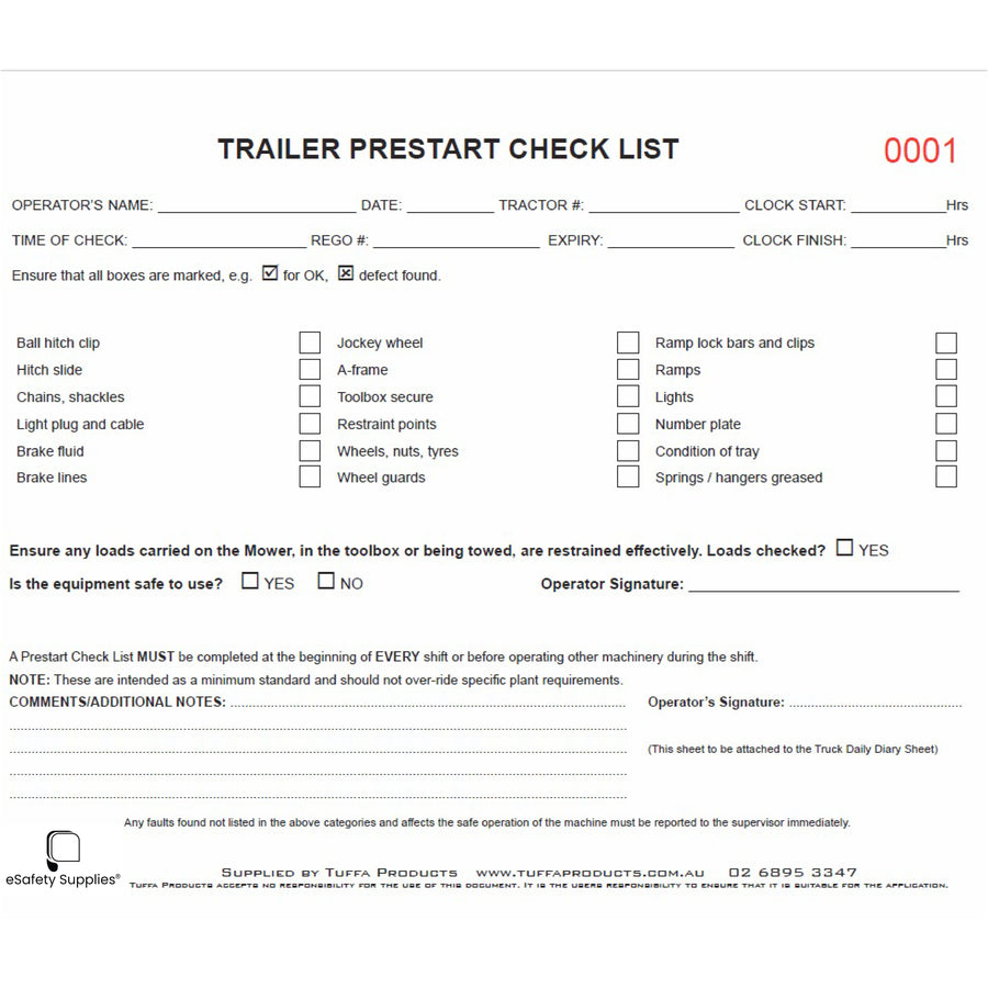 Trailer Prestart Checklist Books