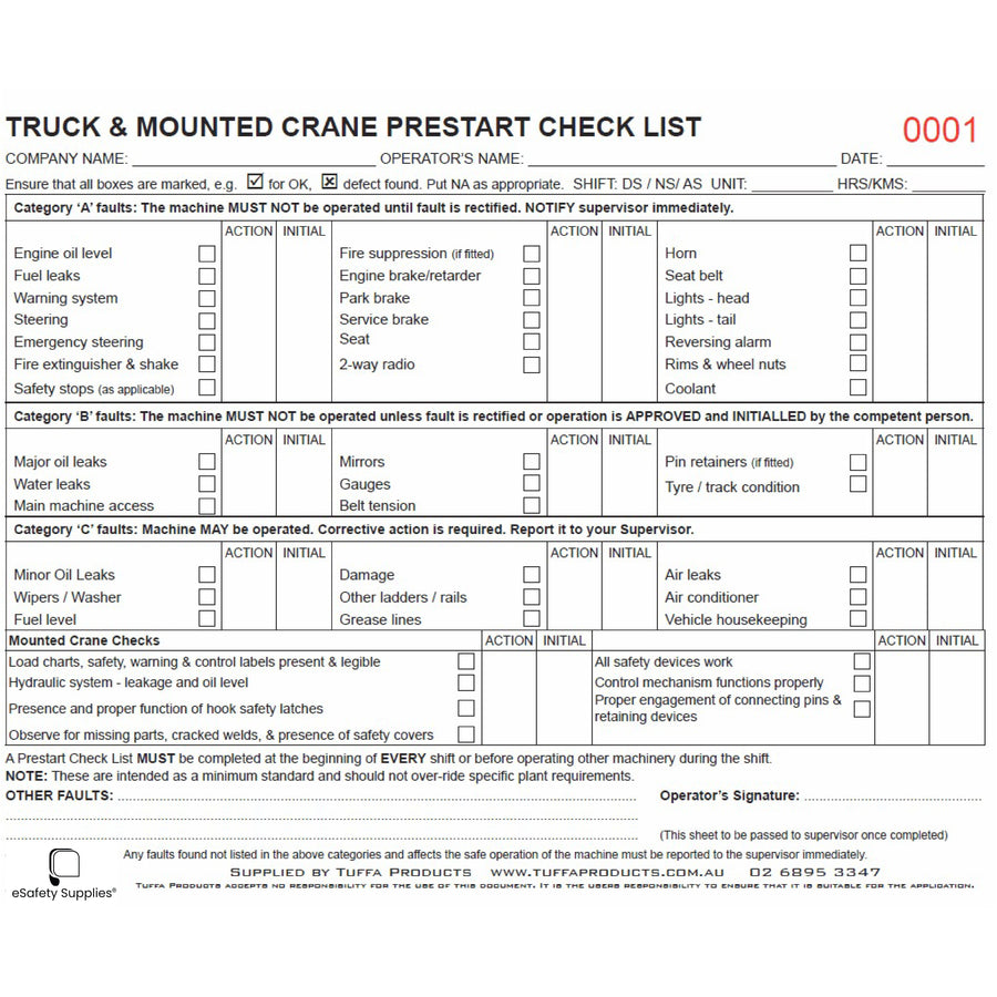 Truck & Mounted Crane Prestart Checklist Books