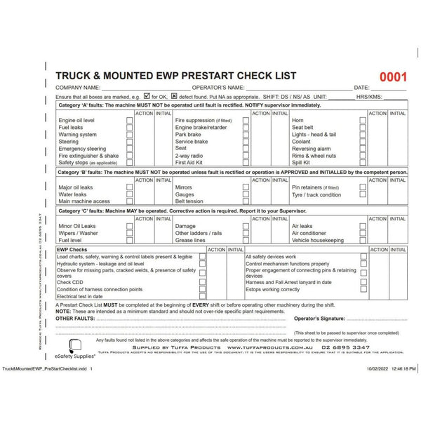 Truck and Mounted EWP Prestart Checklist Books