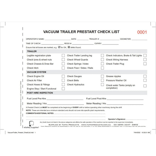 Vacuum Truck Prestart Checklist Books