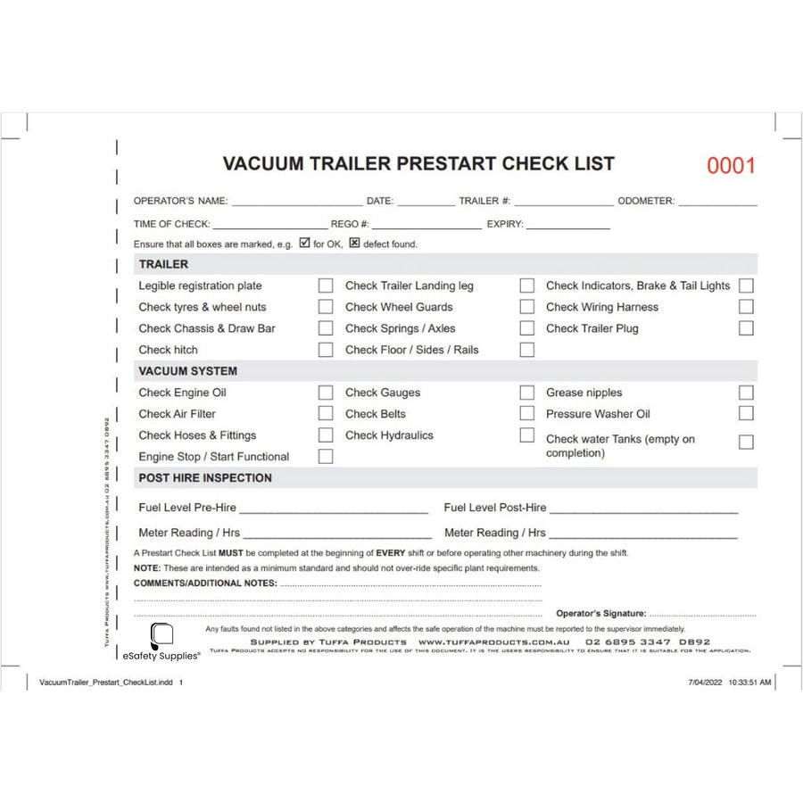 Vacuum Truck Prestart Checklist Books