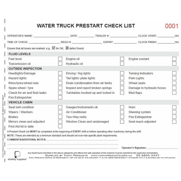Water Truck Prestart Checklist Books