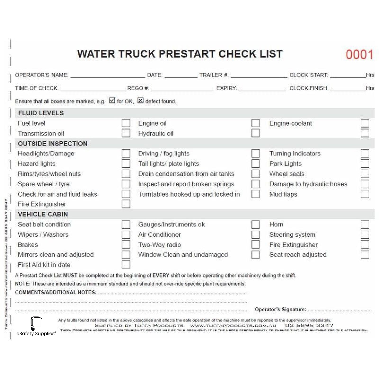 Water Truck Prestart Checklist Books