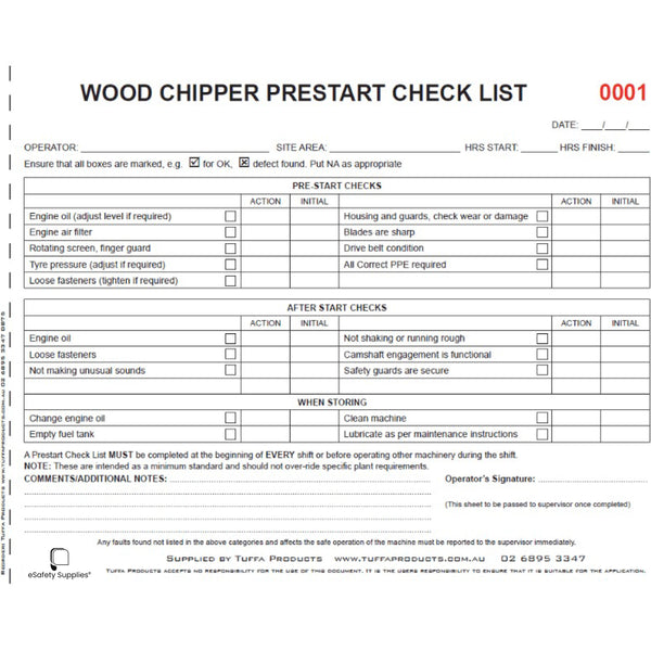 Wood Chipper Prestart Checklist Books