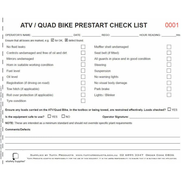 ATV / Quad Bike Prestart Checklist Books