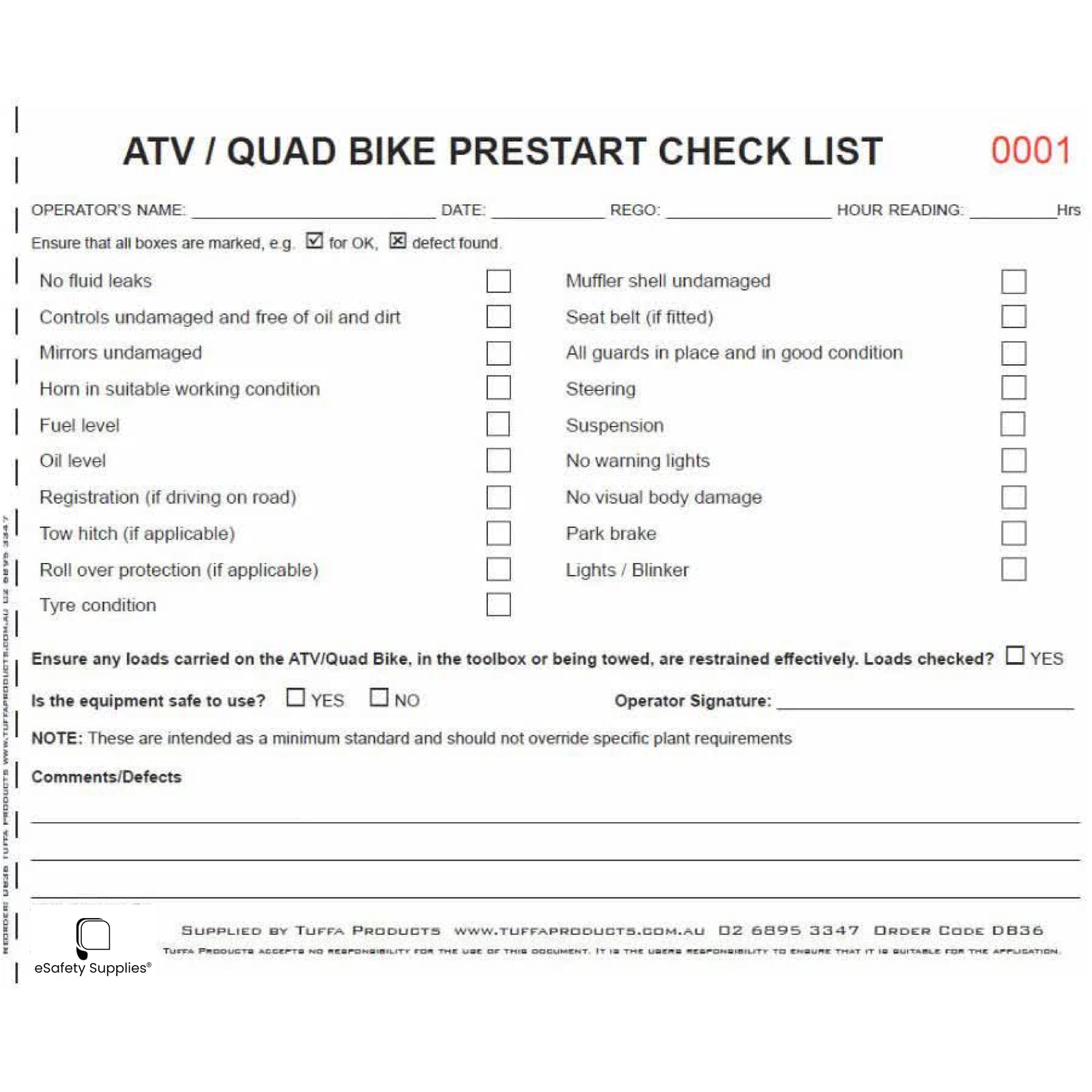ATV / Quad Bike Prestart Checklist Books