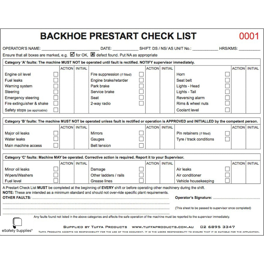Backhoe Prestart Checklist Books