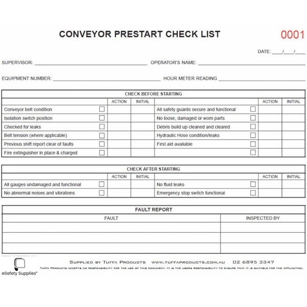 Conveyor Prestart Checklist Books