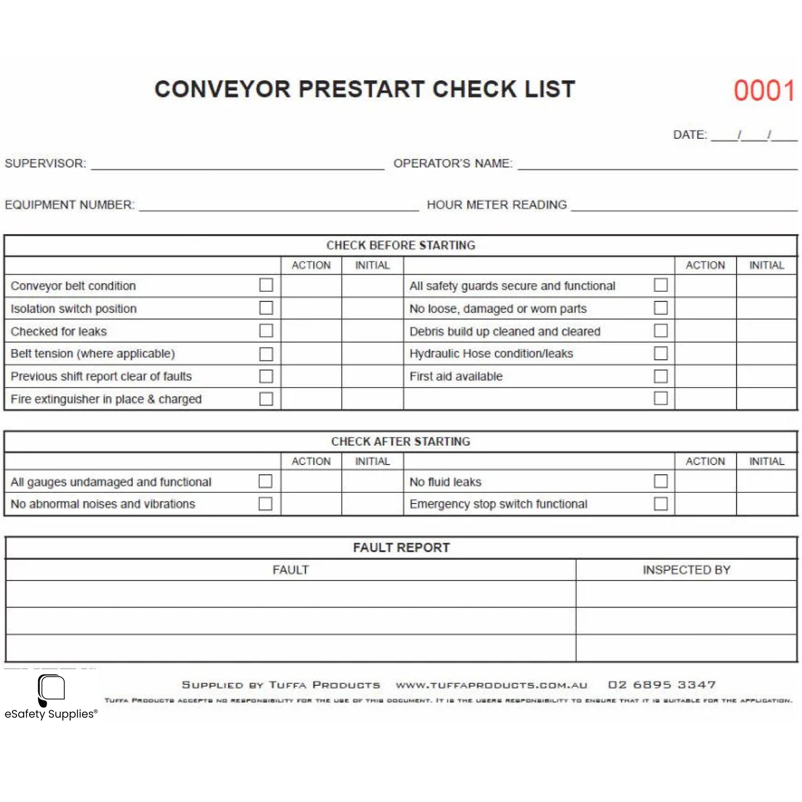 Conveyor Prestart Checklist Books