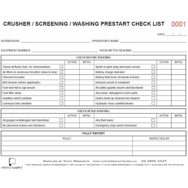 Crushing/Screening/Washing Prestart Checklist Books
