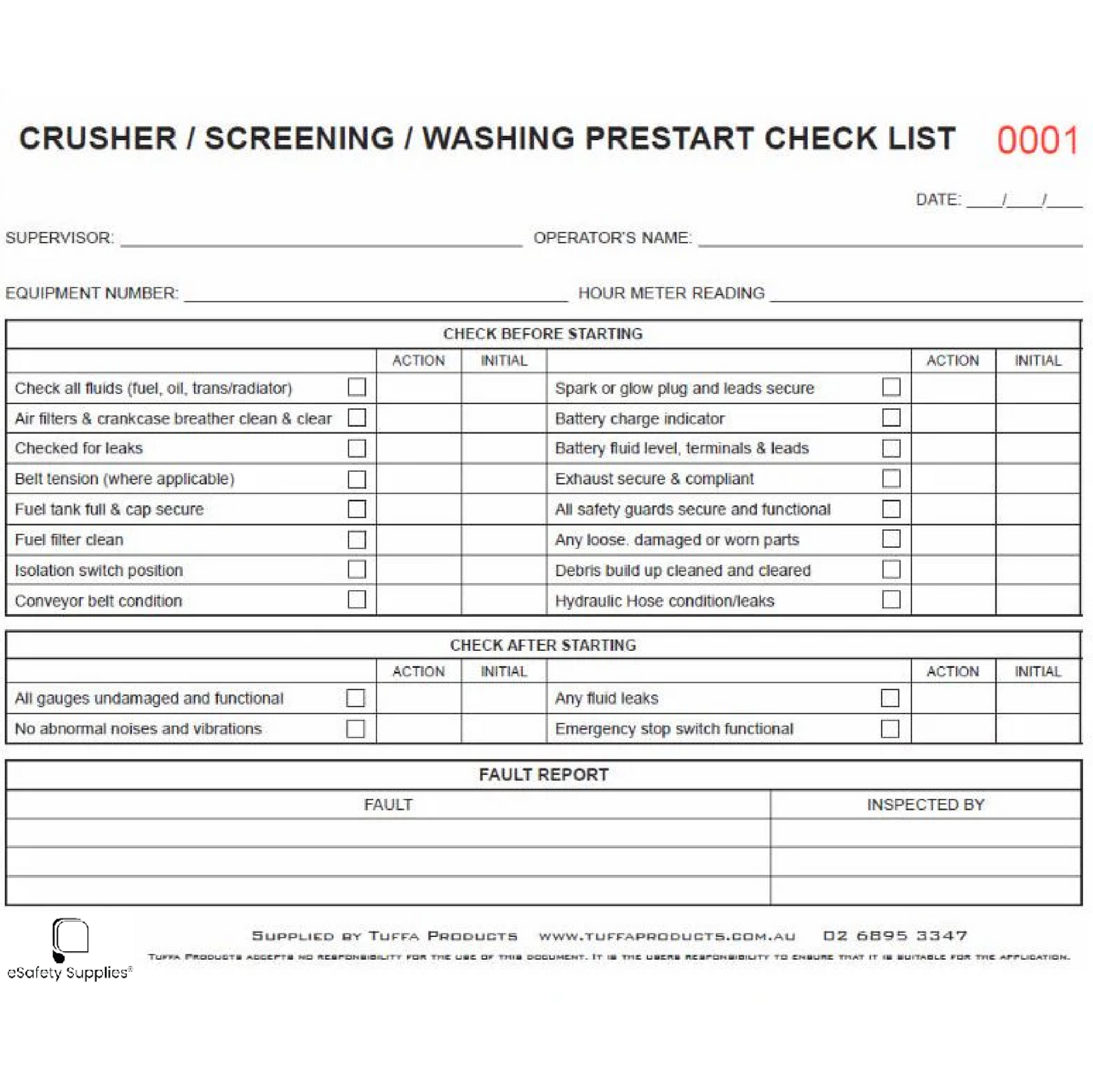 Crushing/Screening/Washing Prestart Checklist Books