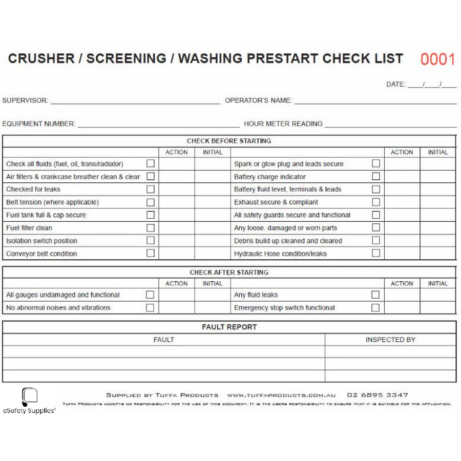 Crushing/Screening/Washing Prestart Checklist Books