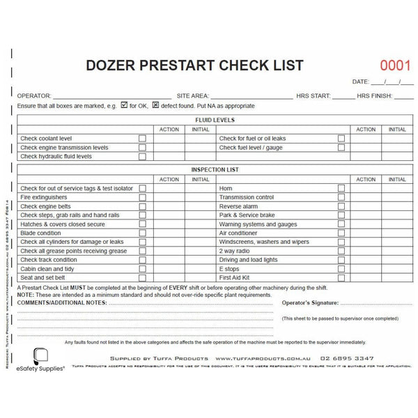 Dozer Prestart Checklist Books