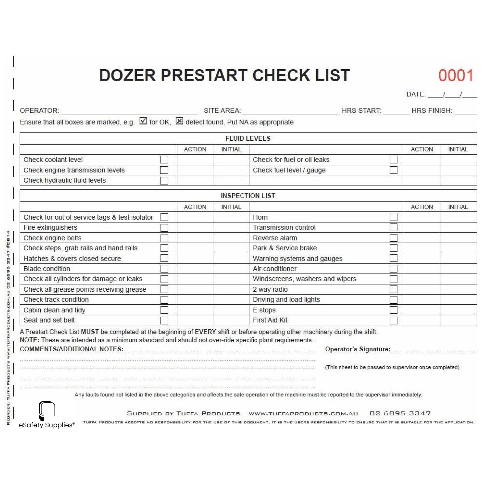 Dozer Prestart Checklist Books