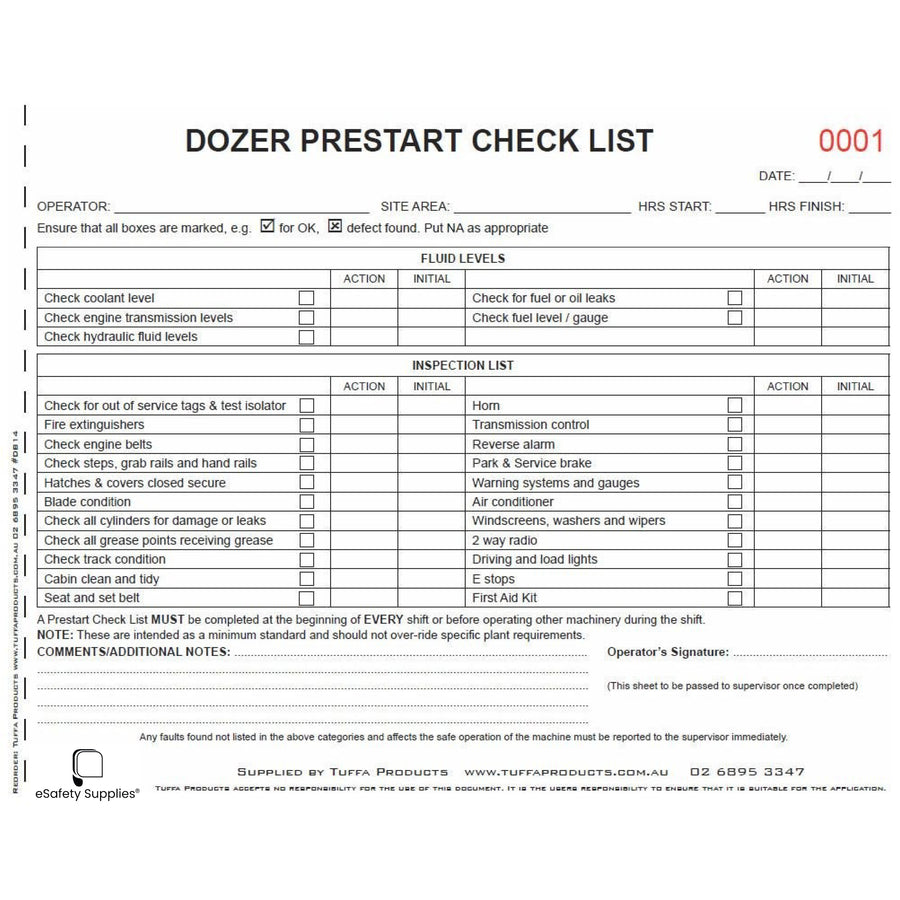 Dozer Prestart Checklist Books