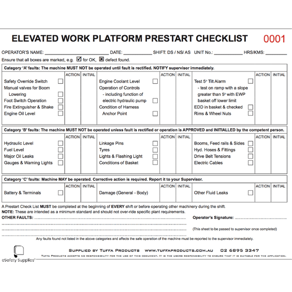 Elevated Work Platform Prestart Books