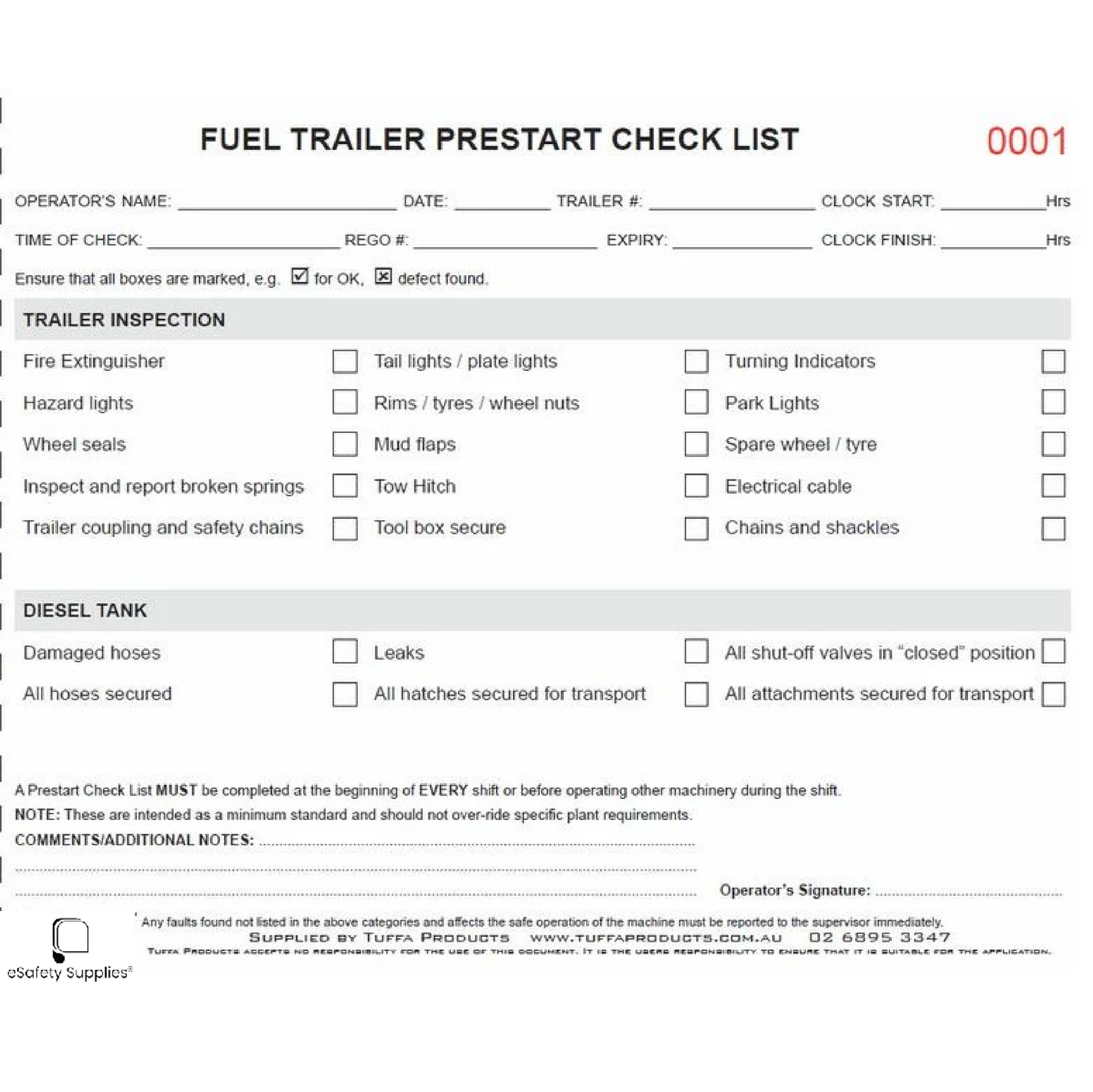 Fuel Trailer Prestart Checklist Books