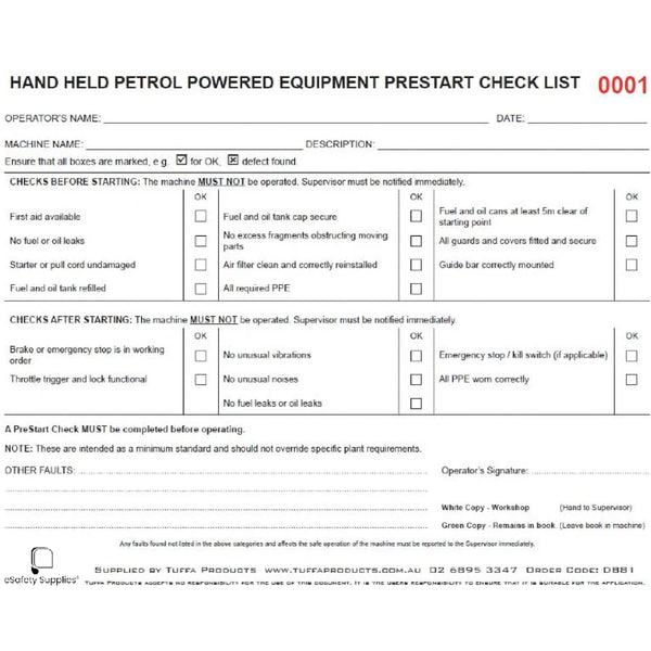 Hand Held Petrol Powered Equipment Prestart Checklist Books