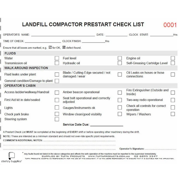 Landfill Compactor Prestart Checklist Books