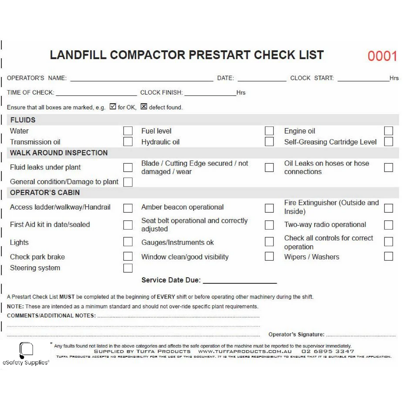 Landfill Compactor Prestart Checklist Books