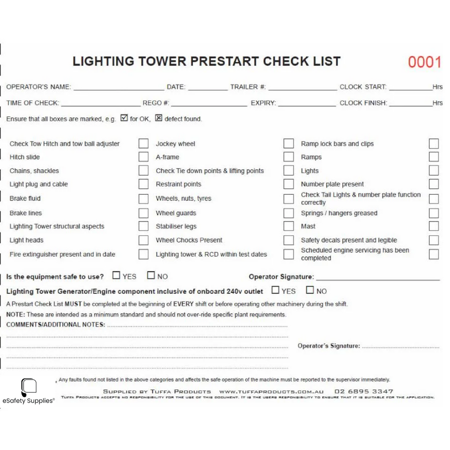 Lighting Tower Prestart Checklist Books