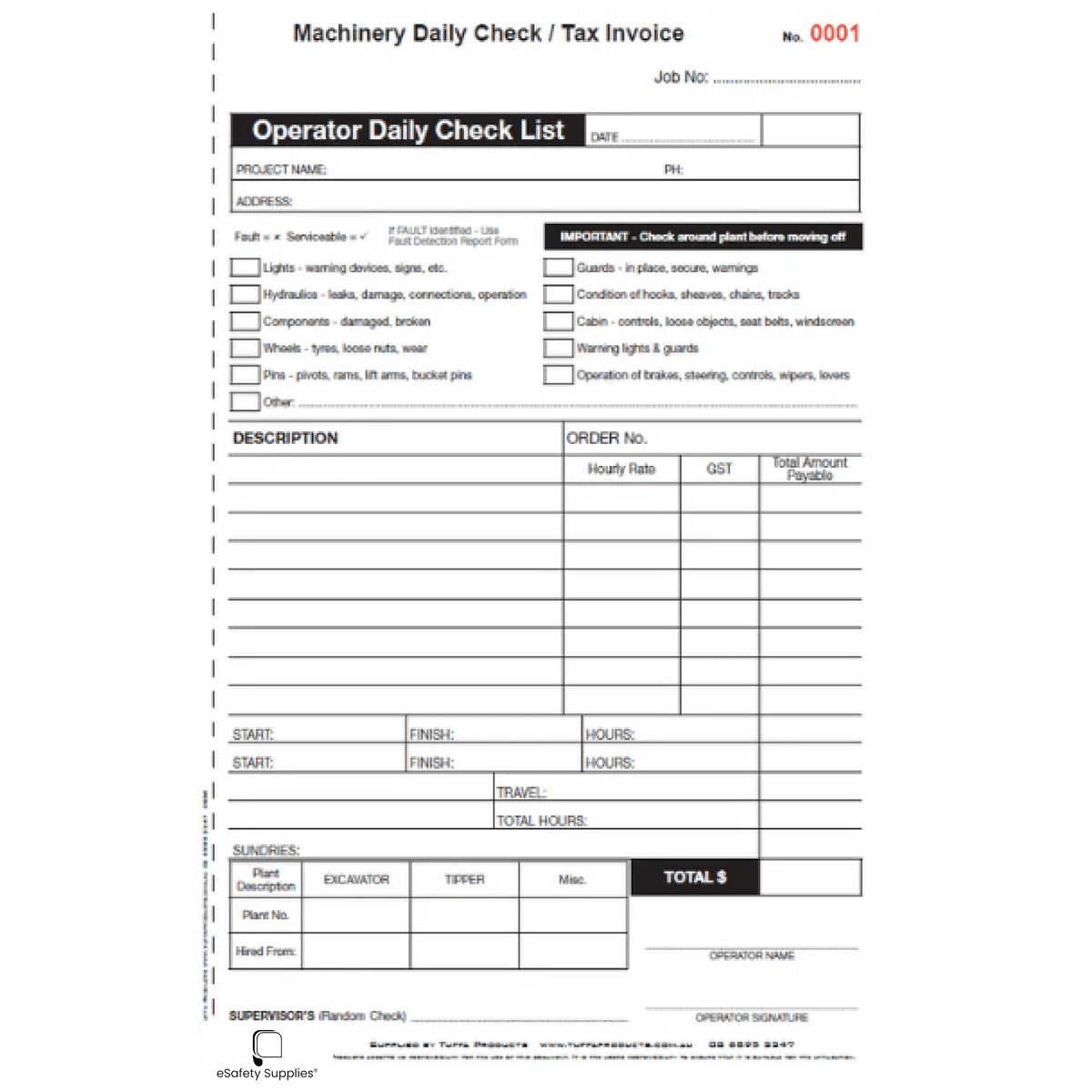Machinery Daily Check / Tax Invoice Prestart Book