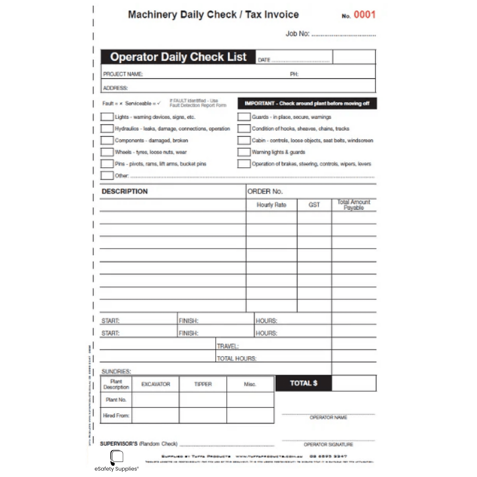 Machinery Daily Check / Tax Invoice Prestart Book