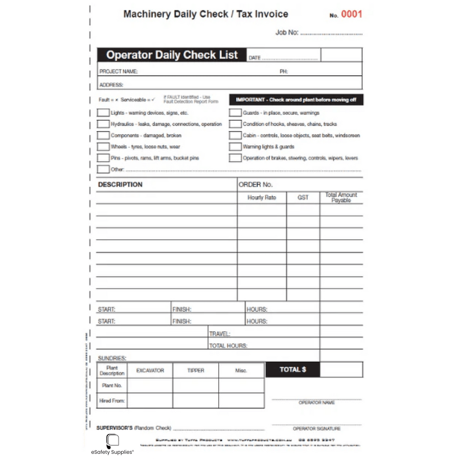 Machinery Daily Check / Tax Invoice Prestart Book