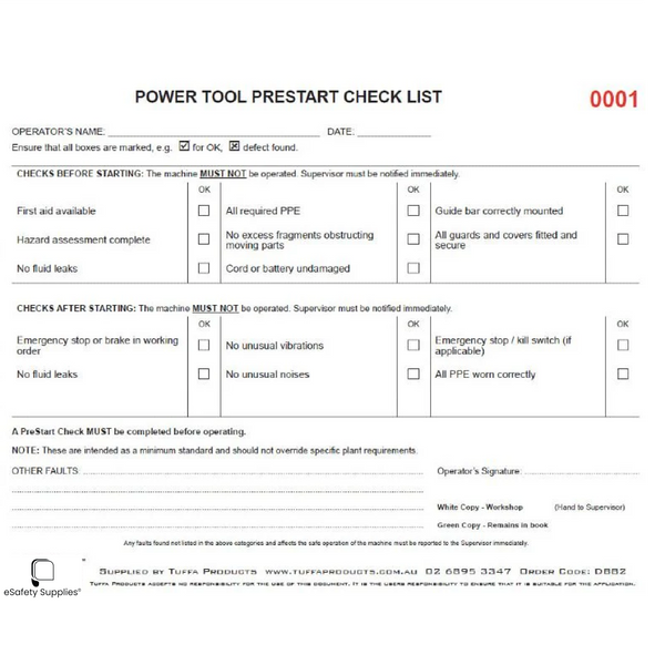 Power Tool Prestart Checklist Books