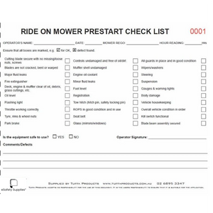 Ride on Mower Prestart Checklist Book - Prestart & Safety Logbooks