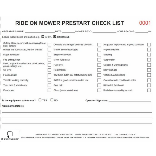 Ride on Mower Prestart Checklist Book