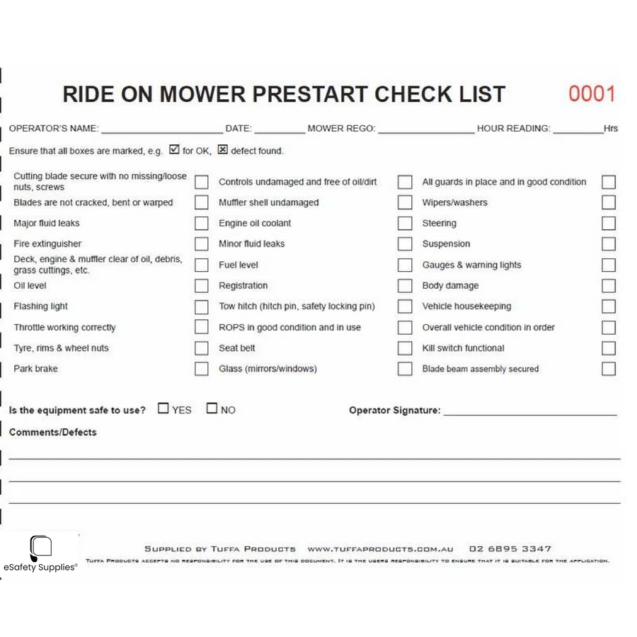 Ride on Mower Prestart Checklist Book – eSafety Supplies