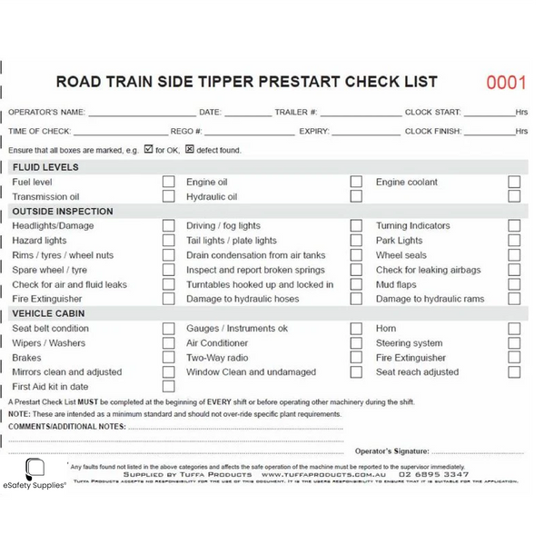Road Train Tipper Prestart Checklist Books