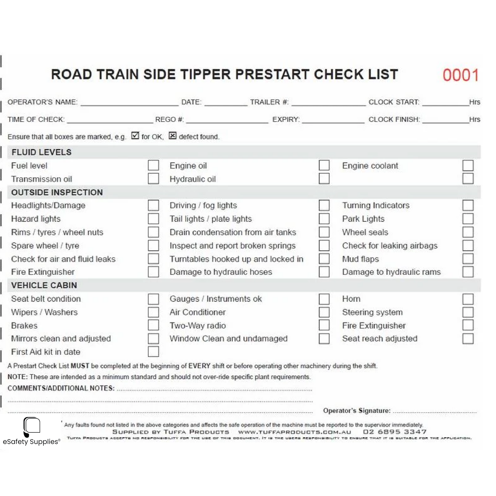 Road Train Tipper Prestart Checklist Books