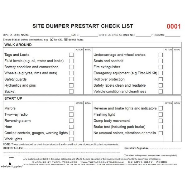 Site Dumper Prestart Checklist Books