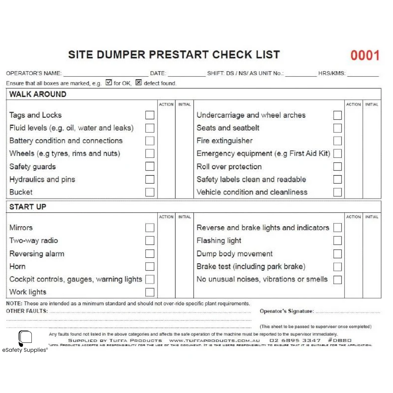 Site Dumper Prestart Checklist Books