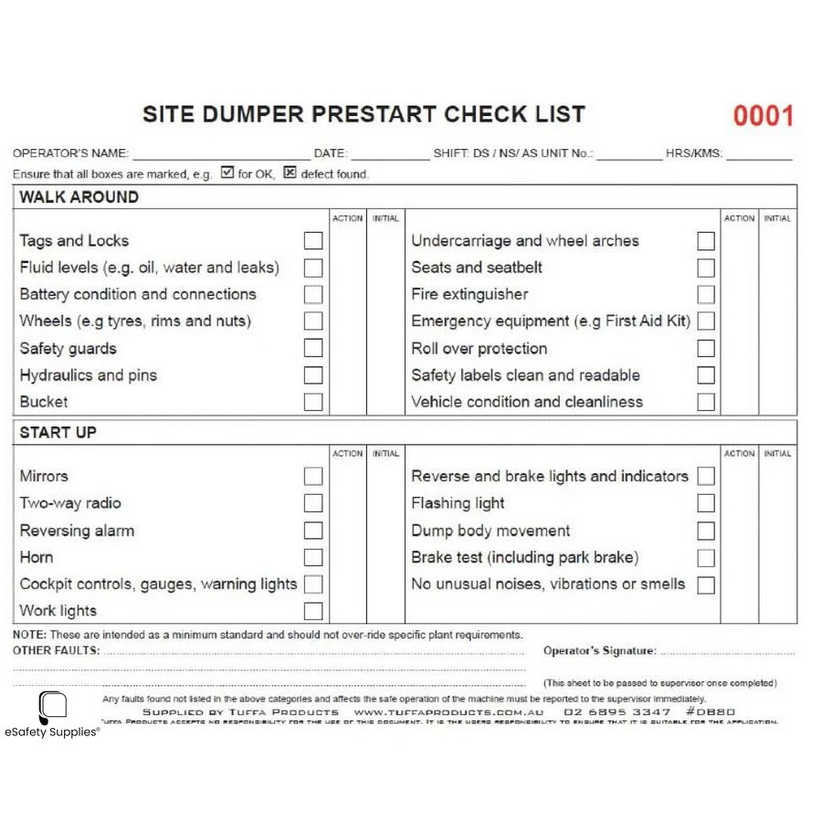 Site Dumper Prestart Checklist Books