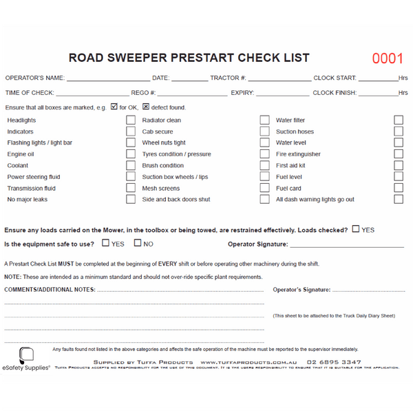 Street Sweeper Prestart Checklist Books