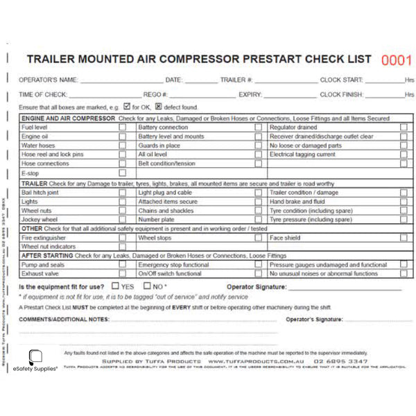 Trailer Mounted Air Compressor Prestart Books